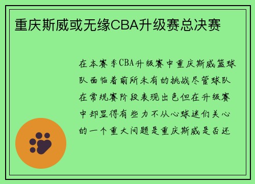 重庆斯威或无缘CBA升级赛总决赛