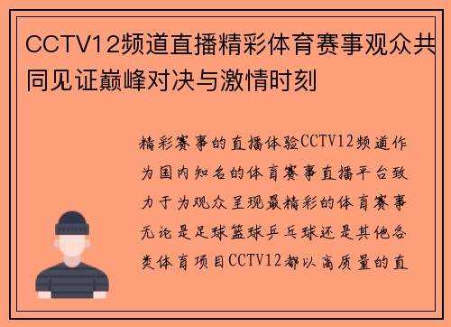CCTV12频道直播精彩体育赛事观众共同见证巅峰对决与激情时刻