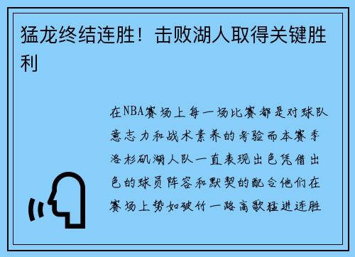猛龙终结连胜！击败湖人取得关键胜利