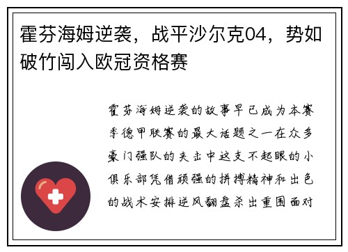 霍芬海姆逆袭，战平沙尔克04，势如破竹闯入欧冠资格赛