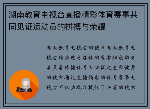 湖南教育电视台直播精彩体育赛事共同见证运动员的拼搏与荣耀